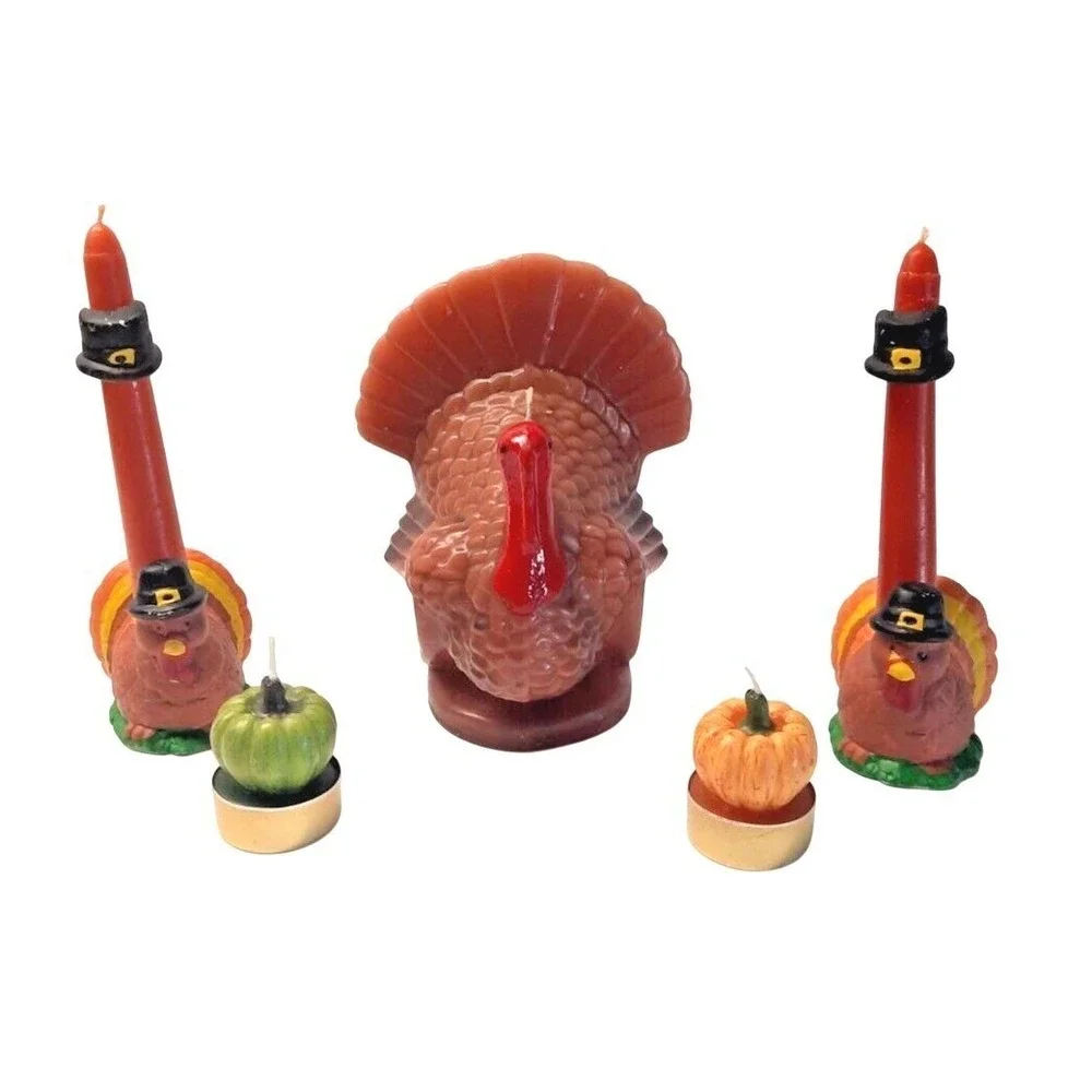 Vintage Thanksgiving Turkey Candle Set 5pc Pilgrim Pumpkin Decor Taper Pillar